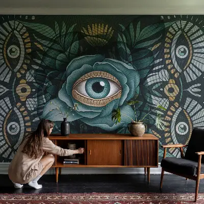 Papel mural con patrón decorativo con motivo ojo de flor