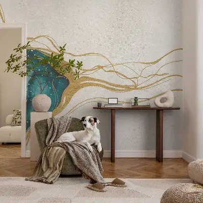Papel mural con patrón decorativo con líneas en color turquesa