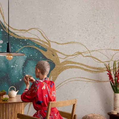 Papel mural con patrón decorativo con líneas en color turquesa
