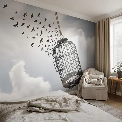 Papel mural con patrón decorativo con motivo de pájaros voladores