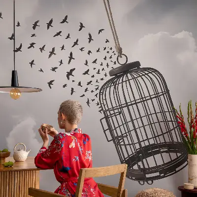 Papel mural con patrón decorativo con motivo de pájaros voladores