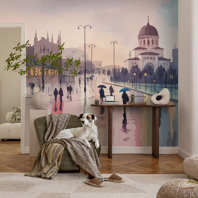 Papel mural con patrón decorativo Un paseo bajo la lluvia