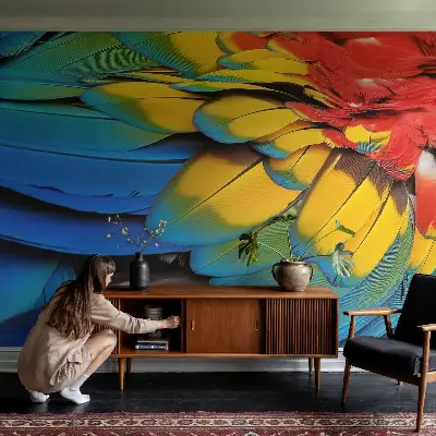 Papel mural texturado decorativo con diseño de plumas arcoíris
