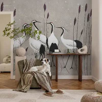 Papel mural con patrón decorativo con un diseño de una bandada de grullas