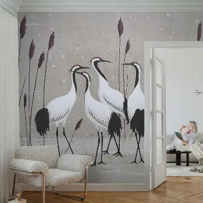 Papel mural con patrón decorativo con un diseño de una bandada de grullas