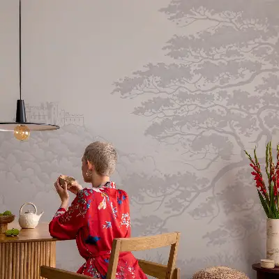 Papel mural con patrón decorativo con motivo de paisaje del castillo