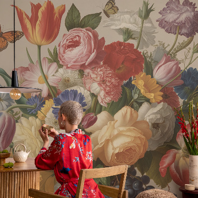 Papel mural con patrón decorativo Flores y mariposas
