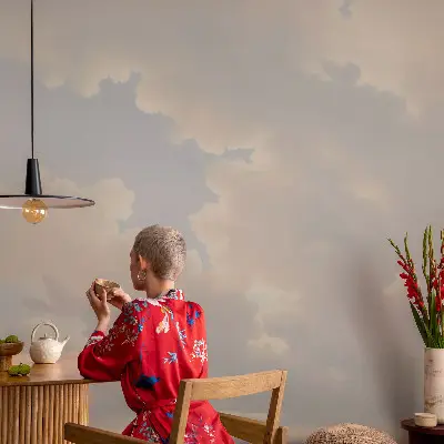 Fotomural decorativo para cabecero de cama con diseño de cielo en tonos pastel