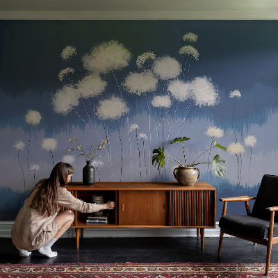 Papel mural con patrón decorativo dientes de león blancos