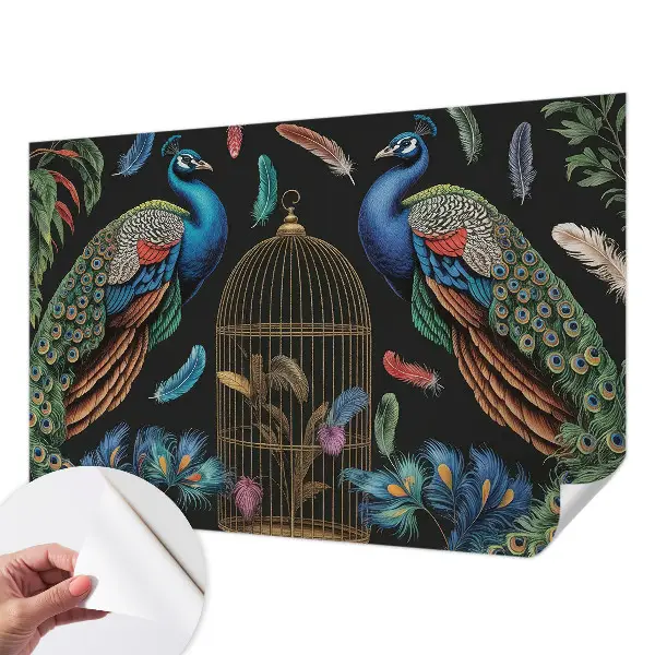 Papel mural con patrón decorativo con motivos de pavos reales exóticos