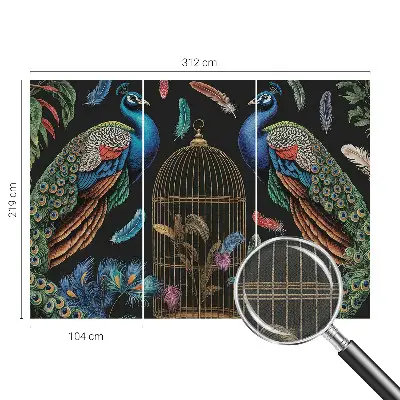 Papel mural con patrón decorativo con motivos de pavos reales exóticos