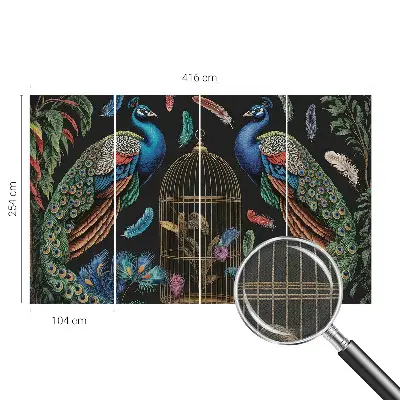 Papel mural con patrón decorativo con motivos de pavos reales exóticos