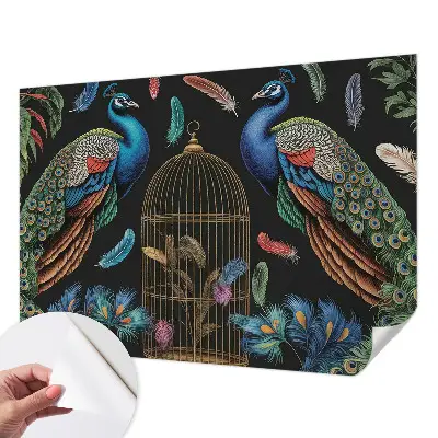 Papel mural con patrón decorativo con motivos de pavos reales exóticos