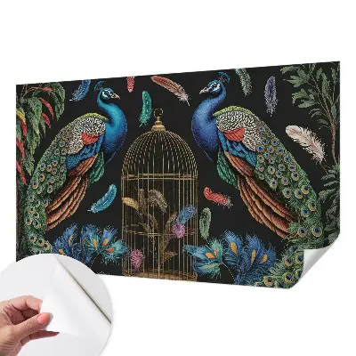 Papel mural con patrón decorativo con motivos de pavos reales exóticos