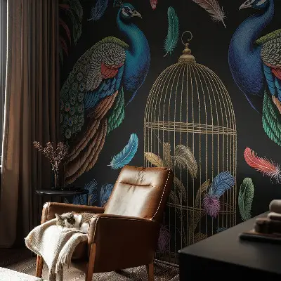 Papel mural con patrón decorativo con motivos de pavos reales exóticos