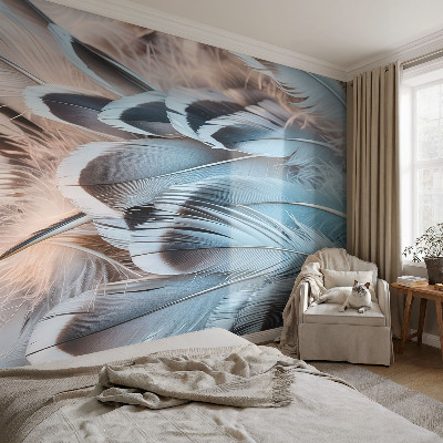 Papel mural con patrón decorativo plumas azules