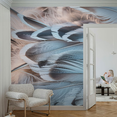 Papel mural con patrón decorativo plumas azules