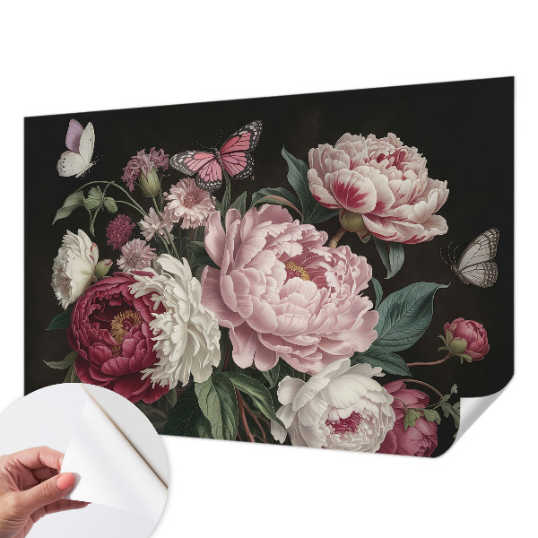 Papel mural texturado decorativo con estampado de peonías y mariposas