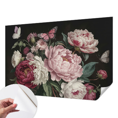 Papel mural texturado decorativo con estampado de peonías y mariposas