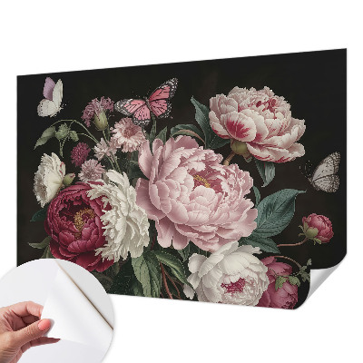 Papel mural texturado decorativo con estampado de peonías y mariposas