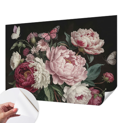 Papel mural texturado decorativo con estampado de peonías y mariposas