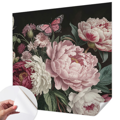 Papel mural texturado decorativo con estampado de peonías y mariposas