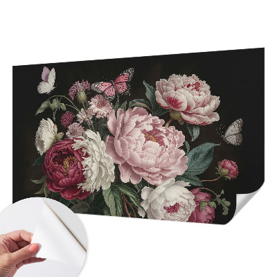 Papel mural texturado decorativo con estampado de peonías y mariposas