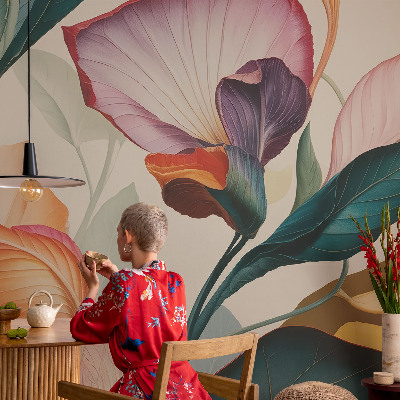 Papel mural texturado decorativo Flores coloridas