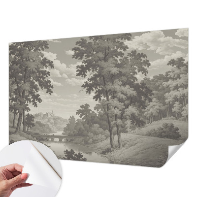 Fotomural decorativo para cabecero de cama con un diseño de castillo y puente