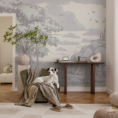 Papel mural con patrón decorativo paisaje de cuento de hadas
