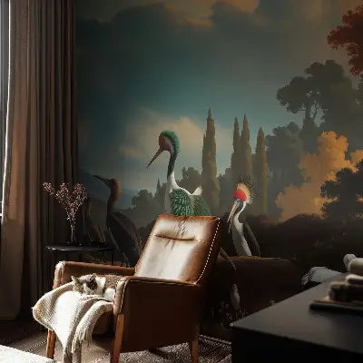 Papel mural con patrón decorativo con motivo de pájaros pintorescos
