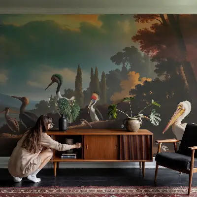 Papel mural con patrón decorativo con motivo de pájaros pintorescos