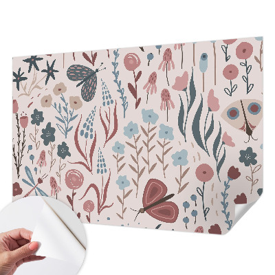 Mural de pared con estampado hermoso con motivo de flores e insectos