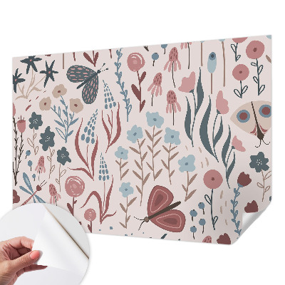 Mural de pared con estampado hermoso con motivo de flores e insectos