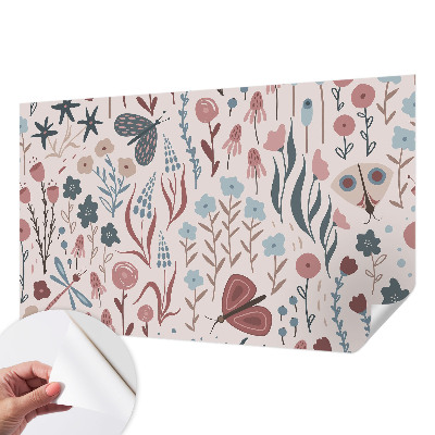Mural de pared con estampado hermoso con motivo de flores e insectos