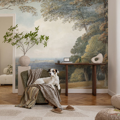 Papel mural con patrón decorativo paisaje boscoso