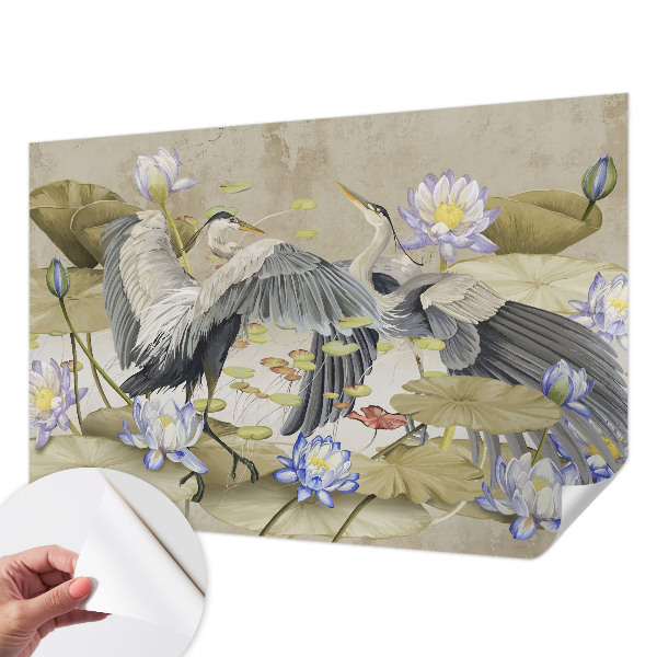 Fotomural decorativo para cabecero de cama con diseño de pájaros y lirios