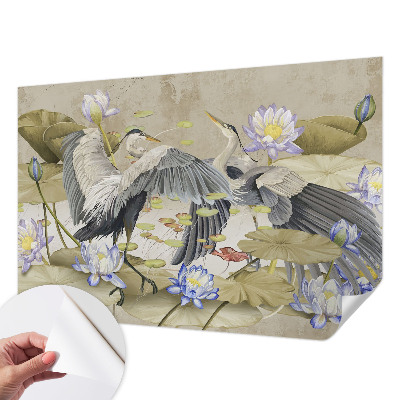 Fotomural decorativo para cabecero de cama con diseño de pájaros y lirios