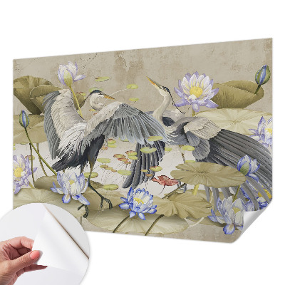 Fotomural decorativo para cabecero de cama con diseño de pájaros y lirios