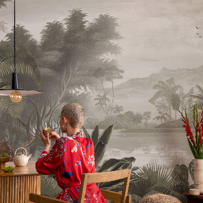 Papel mural con patrón decorativo oasis tropical