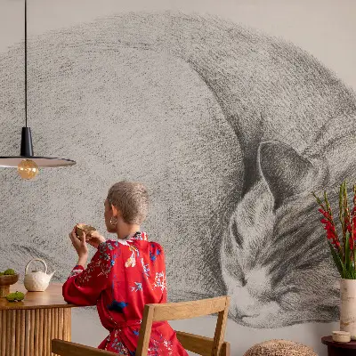 Papel mural texturado decorativo con diseño de un gato acurrucado