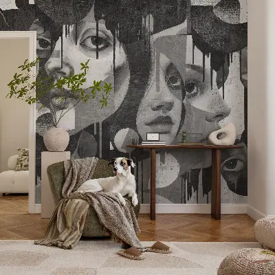 Papel mural texturado decorativo con estampado de rostros de mujeres