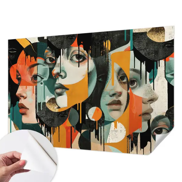 Fotomural decorativo para cabecero de cama con un diseño de caras coloridas