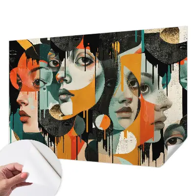 Fotomural decorativo para cabecero de cama con un diseño de caras coloridas