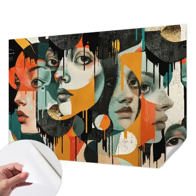 Fotomural decorativo para cabecero de cama con un diseño de caras coloridas