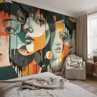 Fotomural decorativo para cabecero de cama con un diseño de caras coloridas