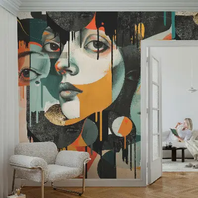 Fotomural decorativo para cabecero de cama con un diseño de caras coloridas