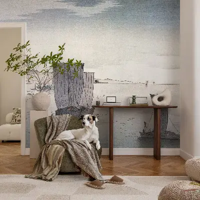 Papel mural con patrón decorativo con un diseño de paisaje náutico