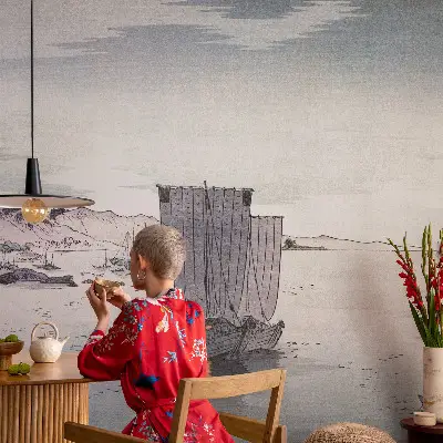 Papel mural con patrón decorativo con un diseño de paisaje náutico