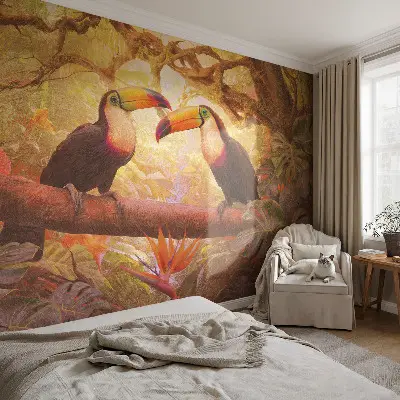 Papel mural texturado decorativo con diseño de tucanes coloridos